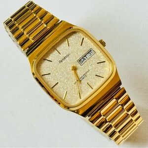Vintage Armitron Day/Date Men's Square Watch 7" Gold Stretch Band 20/2122-3
